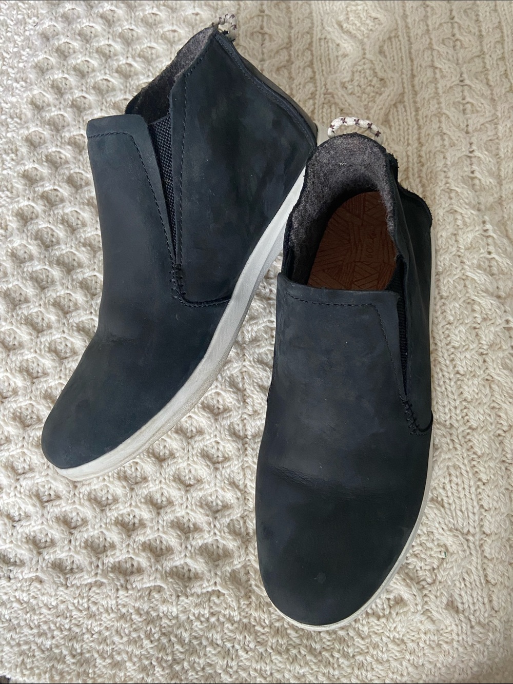 OluKai Black Slip-On Casual Loafers with White Sole